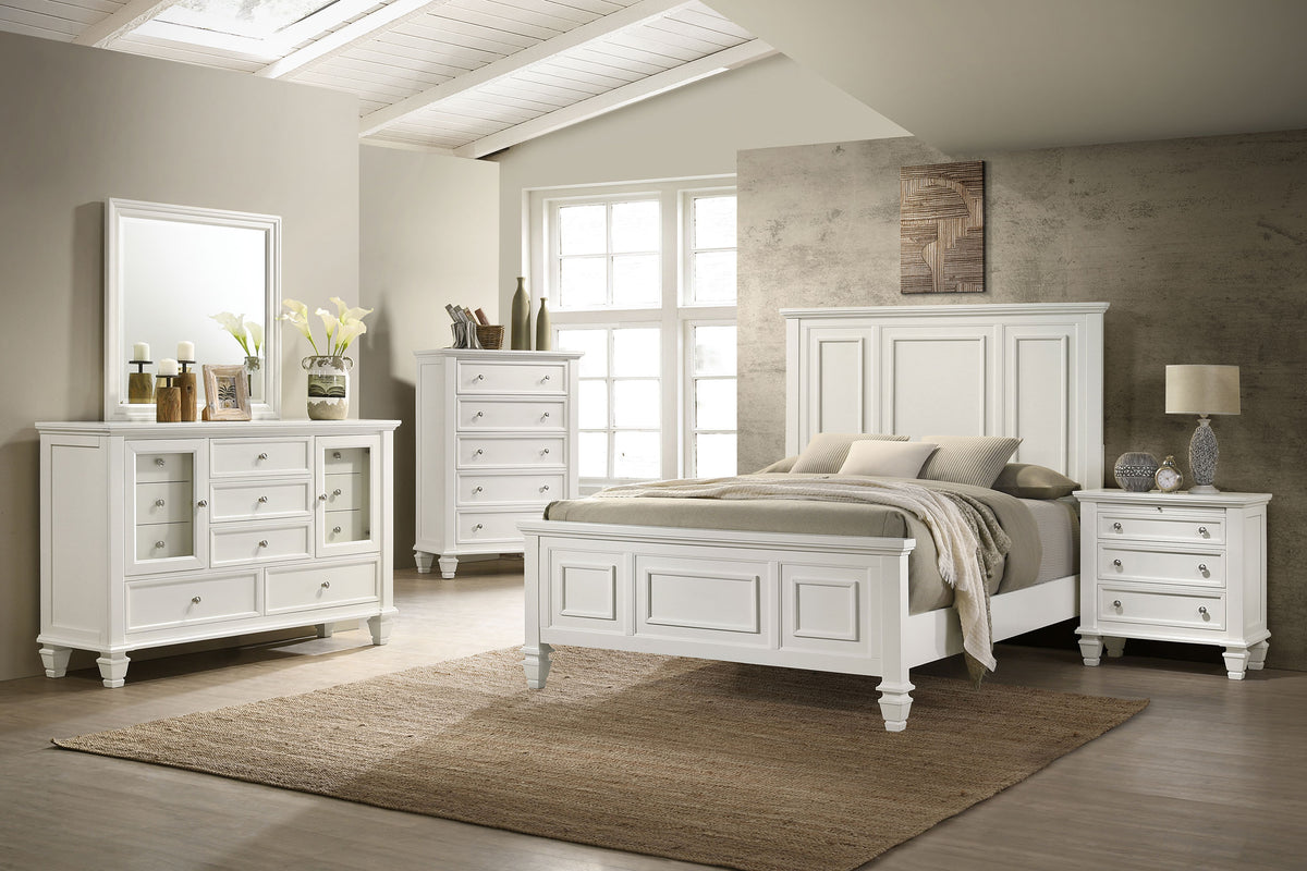 Sandy Beach Carved Panel or Storage Bed & Bedroom Sets - 5pcs- Eastern King Panel Bed + Nightstand + Dresser + Mirror + Chest