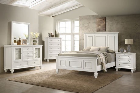Sandy Beach Carved Panel or Storage Bed & Bedroom Sets - 5pcs- Queen Panel Bed + Nightstand + Dresser + Mirror + Chest