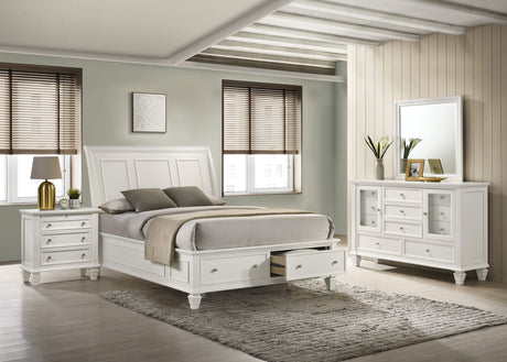 Sandy Beach Carved Panel or Storage Bed & Bedroom Sets - 4pcs- Eastern King Storage Bed + Nightstand + Dresser + Mirror