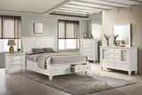 Sandy Beach Carved Panel or Storage Bed & Bedroom Sets - 5pcs- Eastern King Storage Bed + Nightstand + Dresser + Mirror + Chest