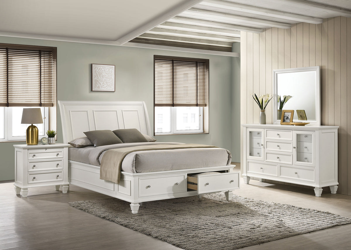 Sandy Beach Carved Panel or Storage Bed & Bedroom Sets - 4pcs- Queen Storage Bed + Nightstand + Dresser + Mirror