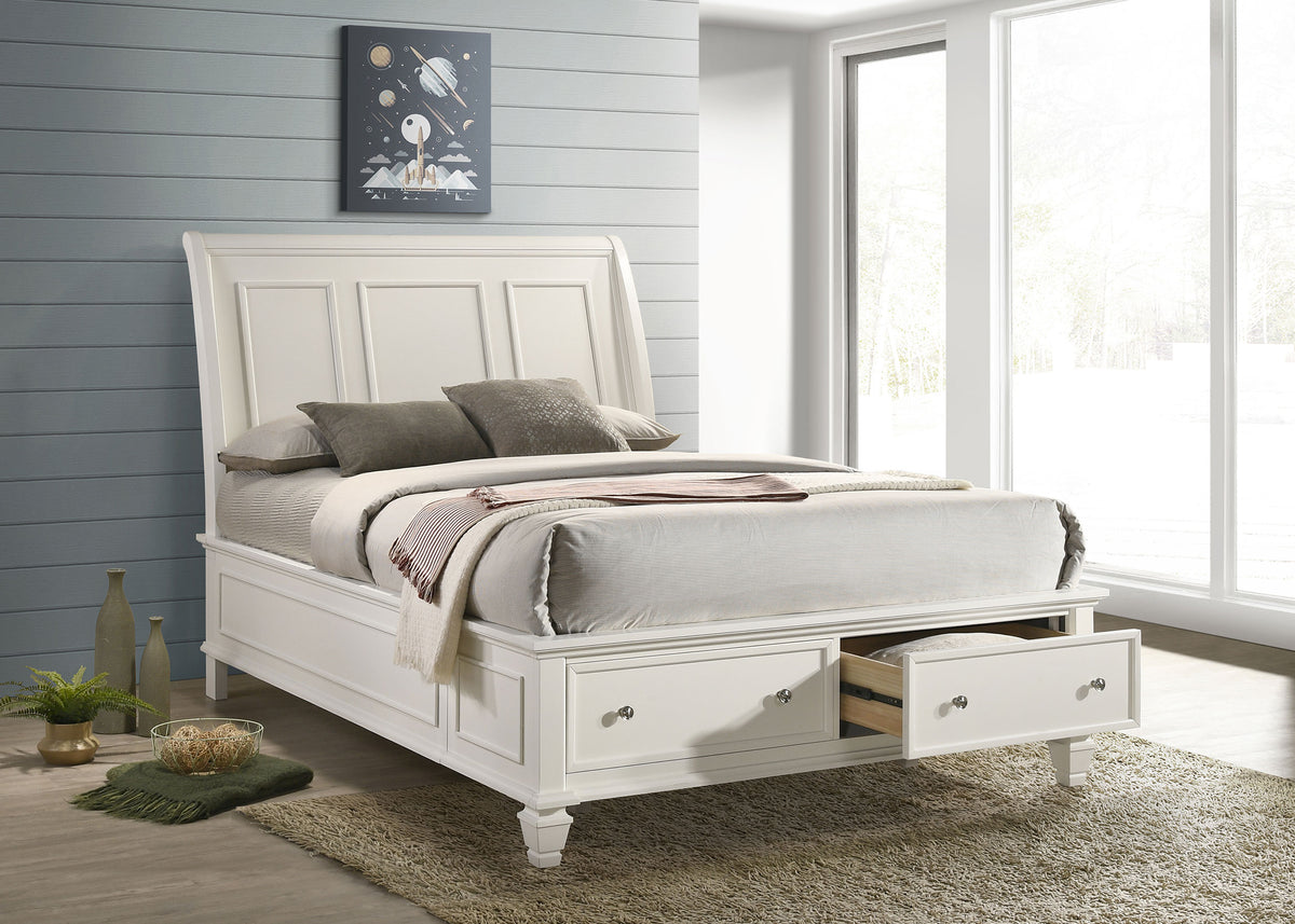 Sandy Beach Carved Panel or Storage Bed & Bedroom Sets - Coastal Cream White with Brushed Nickel Hardware - lifestyle