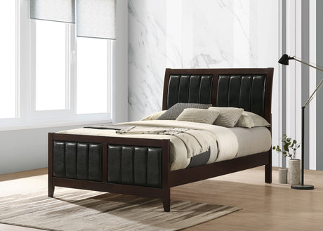 Carlton Panel Bed & Bedroom Sets - Channel-Stitched Black Leatherette with Cappuccino Wood, Twin to California King - lifestyle