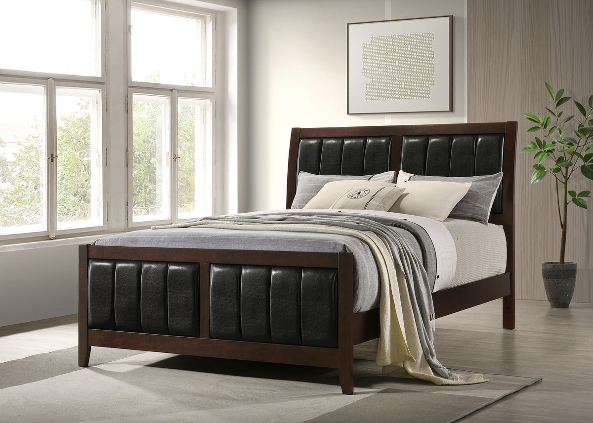 Carlton Panel Bed & Bedroom Sets - Channel-Stitched Black Leatherette with Cappuccino Wood, Twin to California King - lifestyle