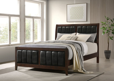 Carlton Panel Bed & Bedroom Sets - Channel-Stitched Black Leatherette with Cappuccino Wood, Twin to California King - lifestyle