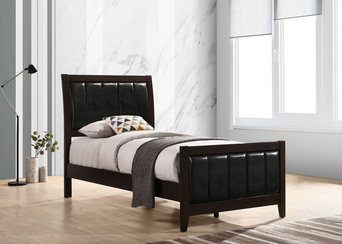 Carlton Panel Bed & Bedroom Sets - Channel-Stitched Black Leatherette with Cappuccino Wood, Twin to California King – view 1