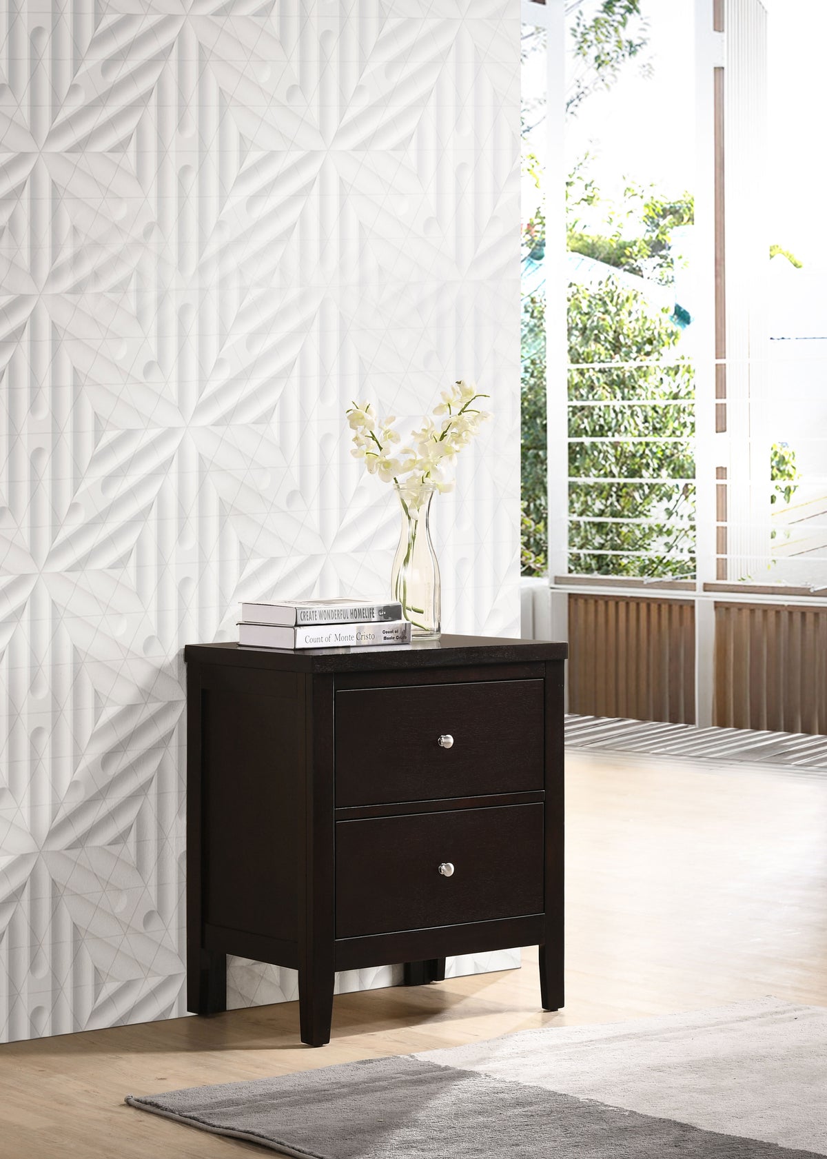 Carlton Panel Bed & Bedroom Sets - Channel-Stitched Black Leatherette with Cappuccino Wood, Twin to California King - lifestyle