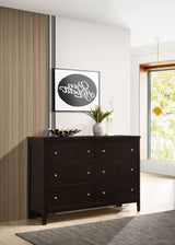 Carlton Panel Bed & Bedroom Sets - Channel-Stitched Black Leatherette with Cappuccino Wood, Twin to California King - lifestyle