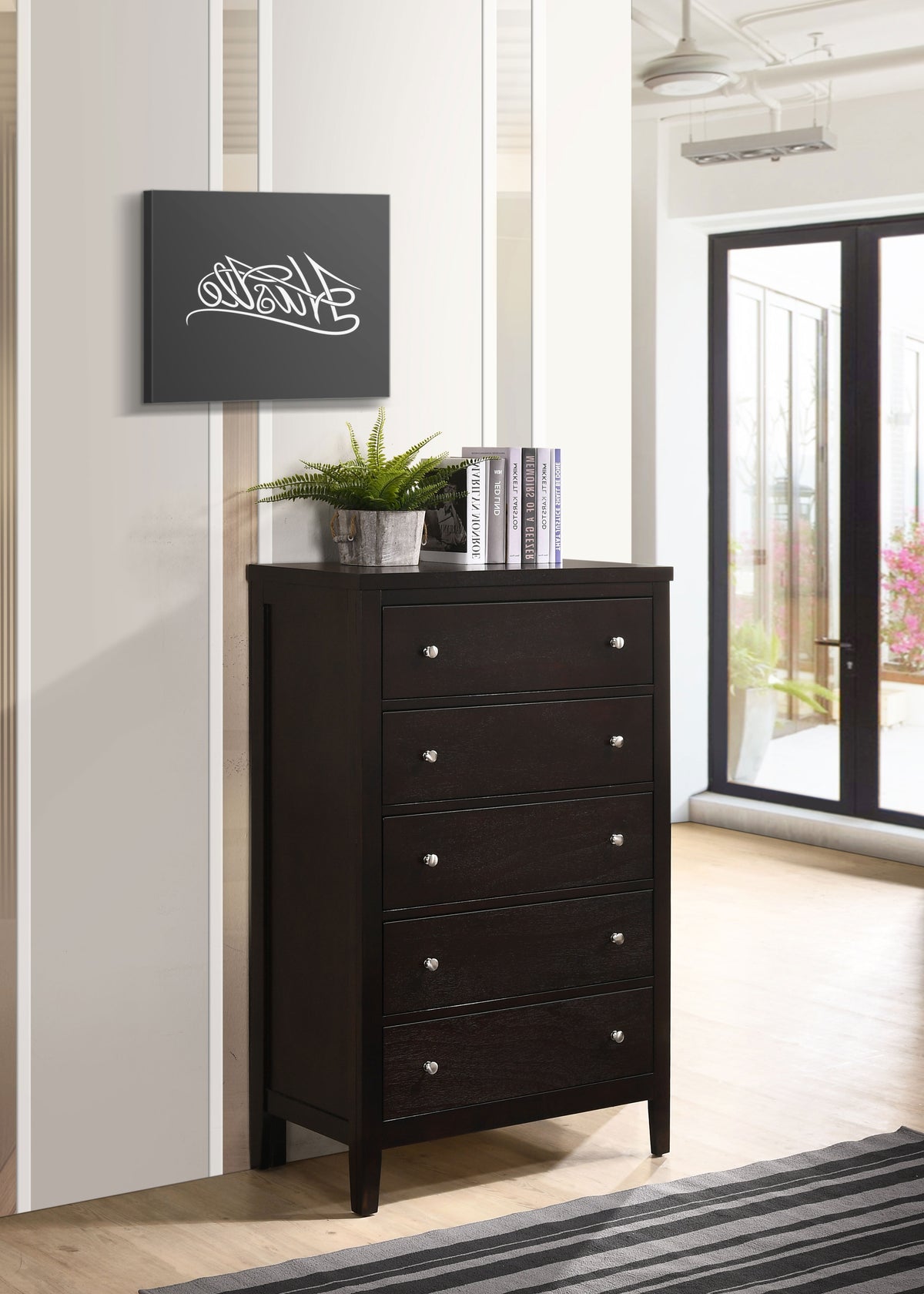 Carlton Panel Bed & Bedroom Sets - Channel-Stitched Black Leatherette with Cappuccino Wood, Twin to California King - lifestyle