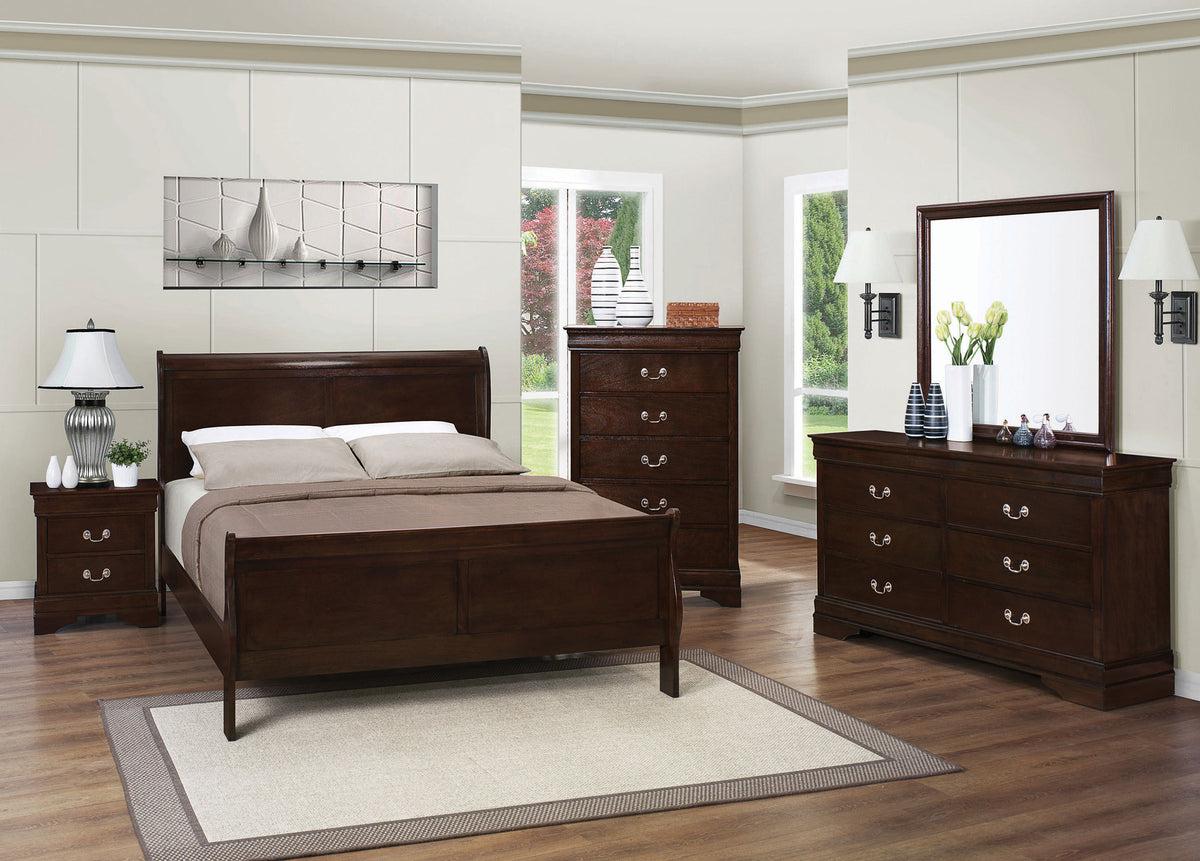 Louis Philippe Sleigh Bed & Bedroom Sets - 5pcs- Eastern King Bed + Nightstand + Dresser + Mirror + Chest