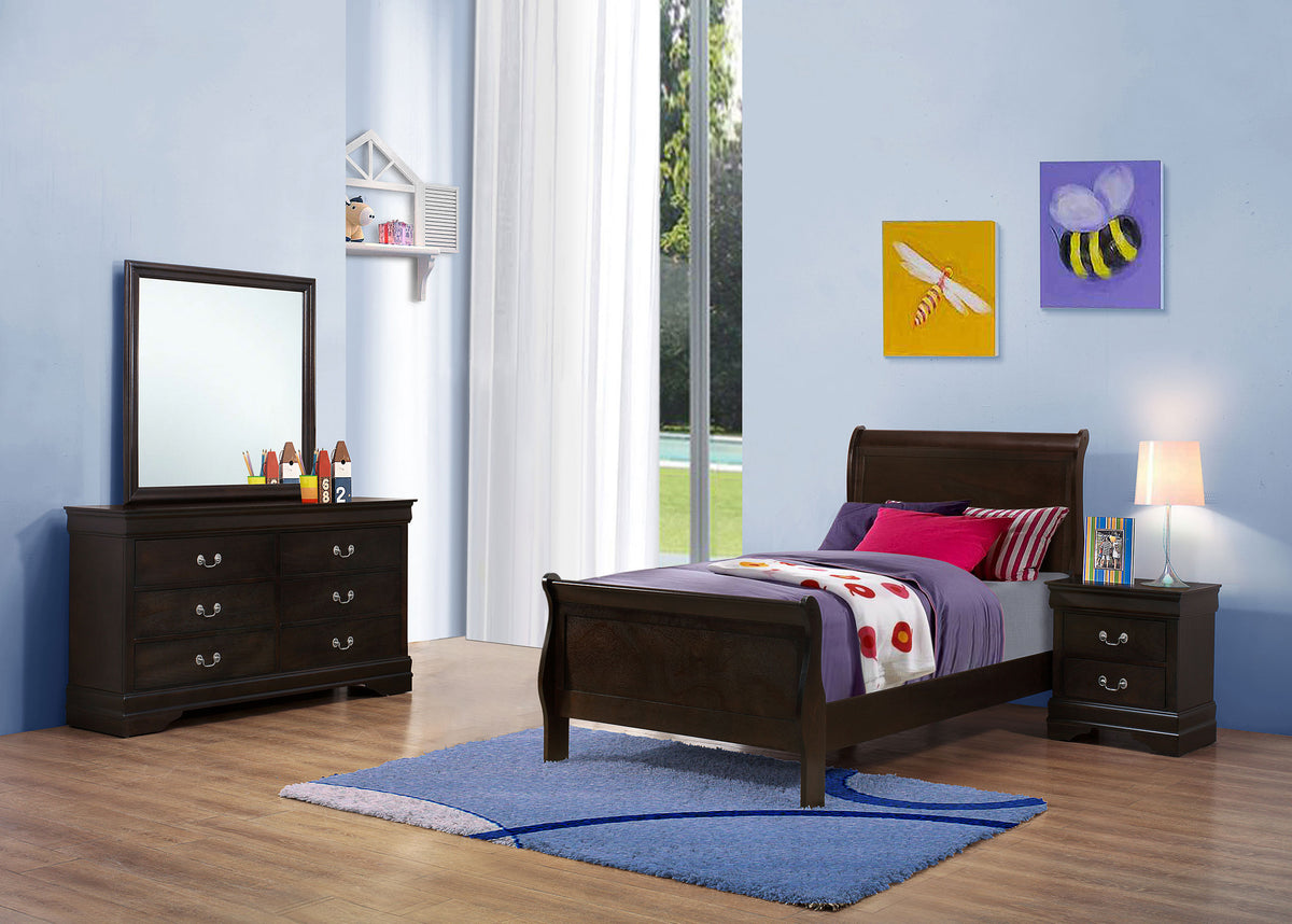 Louis Philippe Sleigh Bed & Bedroom Sets - 4pcs- Twin Bed + Nightstand + Dresser + Mirror
