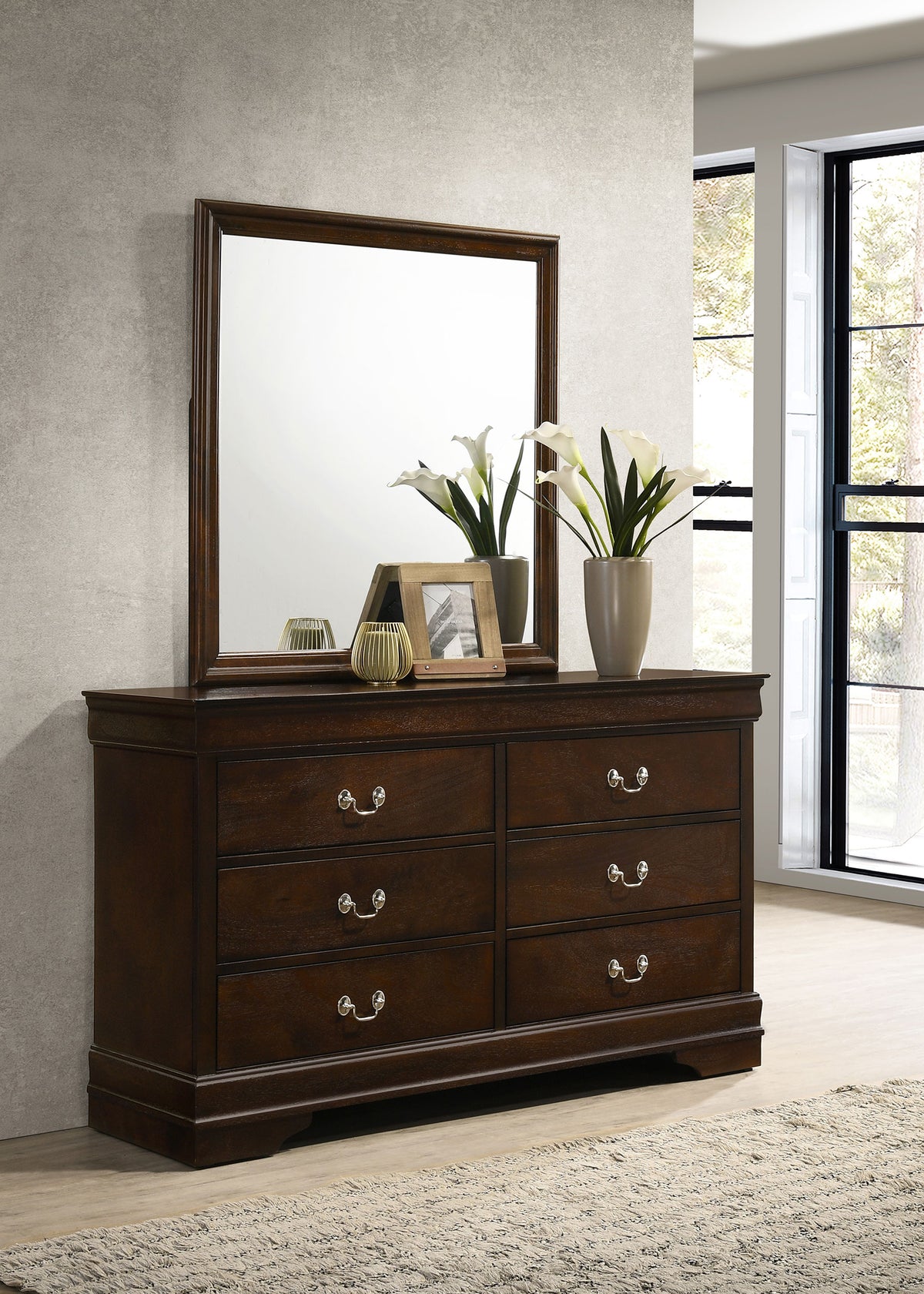Louis Philippe Sleigh Bed & Bedroom Sets - Traditional Cappuccino with Nickel Bail Handles, Twin to Eastern King - lifestyle