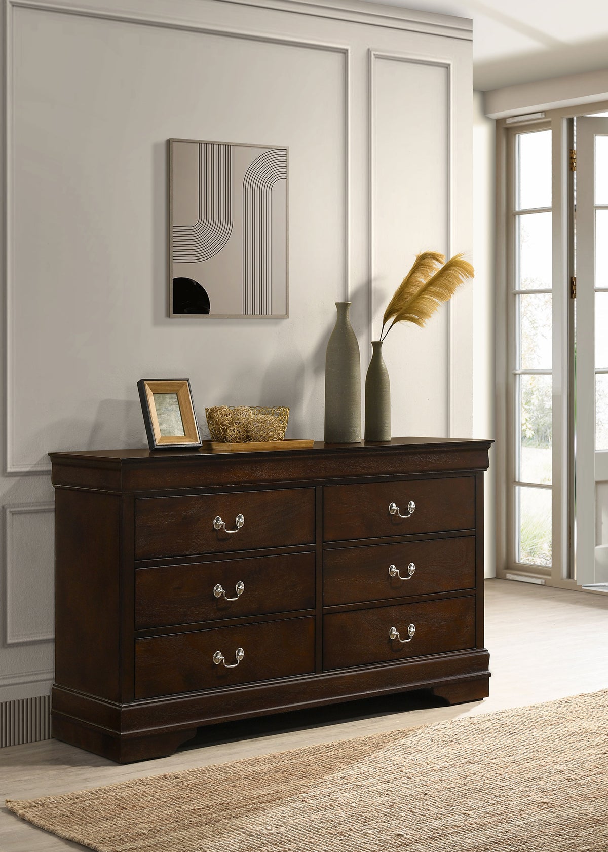 Louis Philippe Sleigh Bed & Bedroom Sets - Traditional Cappuccino with Nickel Bail Handles, Twin to Eastern King - lifestyle