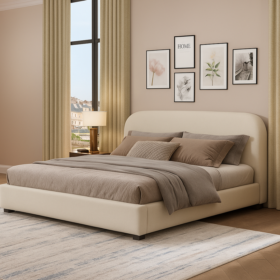 Arden Queen Upholstered Bed in Beige Fabric - Minimalist Contemporary Bedroom Bed Frame