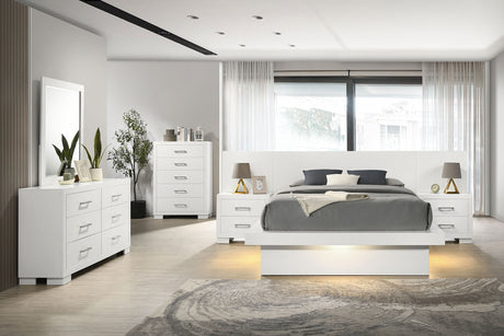 Jessica LED Platform Bed & Bedroom Sets - 6pcs- Eastern King LED Platform Bed + 2 Nightstands + Dresser + Mirror + Chest, with Back Panels