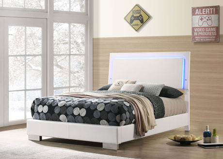 Felicity LED Panel Bed & Bedroom Sets - White High Gloss Headboard with Blue LED Lighting & Faux Leather Frame - lifestyle