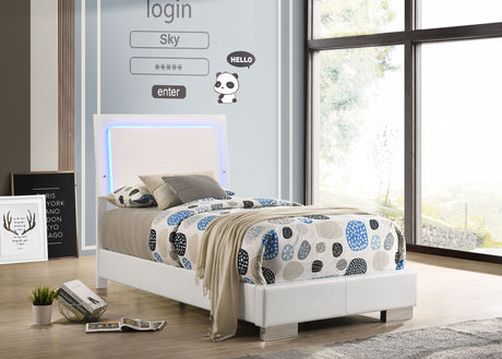 Felicity LED Panel Bed & Bedroom Sets - White High Gloss Headboard with Blue LED Lighting & Faux Leather Frame - lifestyle