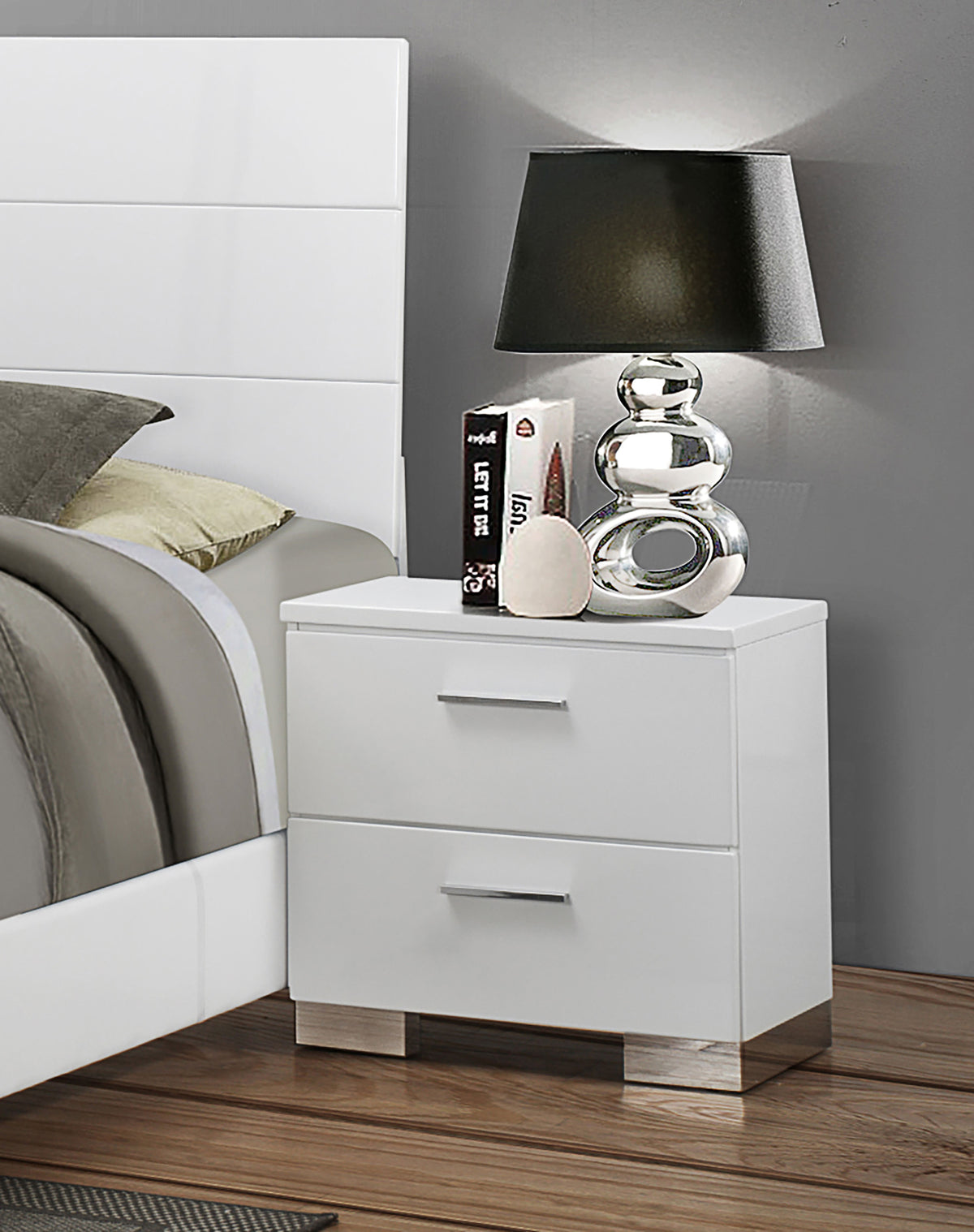 Felicity Bedroom Storage - Dresser, LED Mirror, Chest, Nightstand & Lighted Vanity in White High Gloss - lifestyle