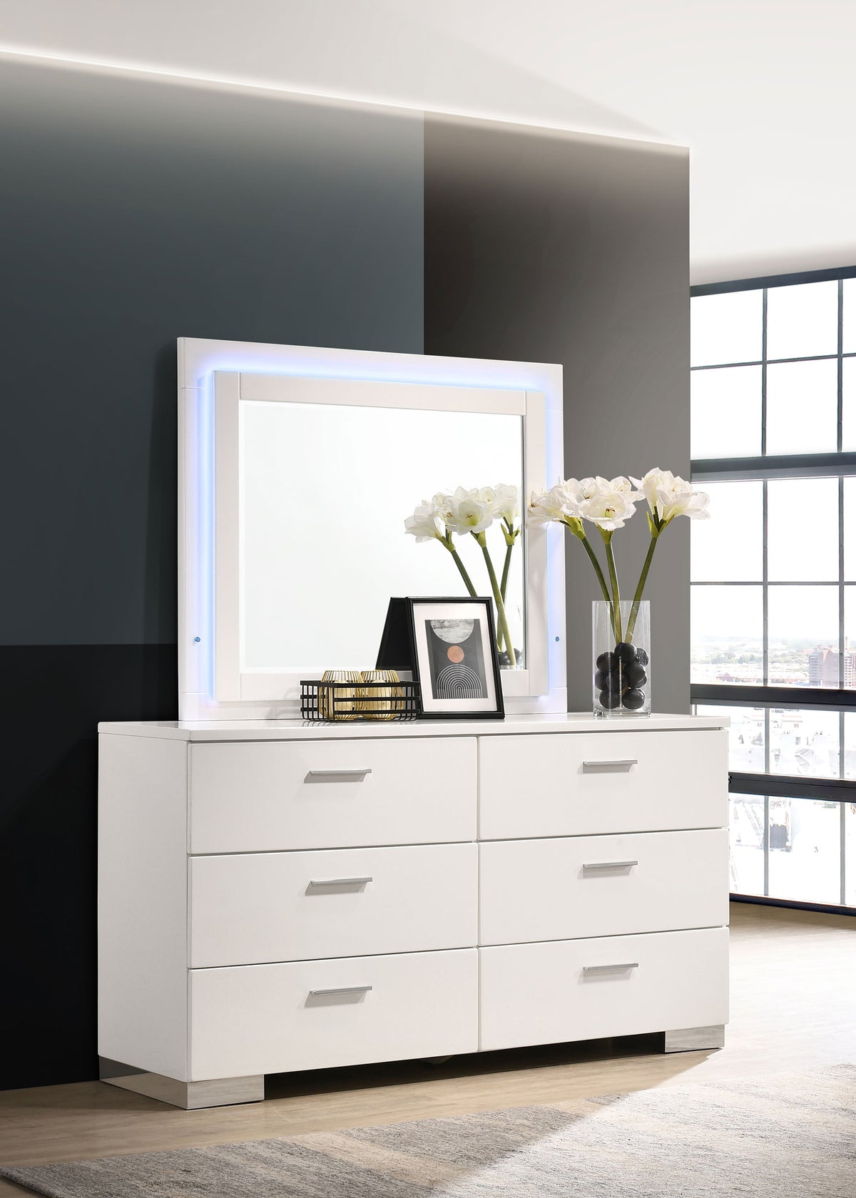 Felicity Bedroom Storage - Dresser, LED Mirror, Chest, Nightstand & Lighted Vanity in White High Gloss - lifestyle
