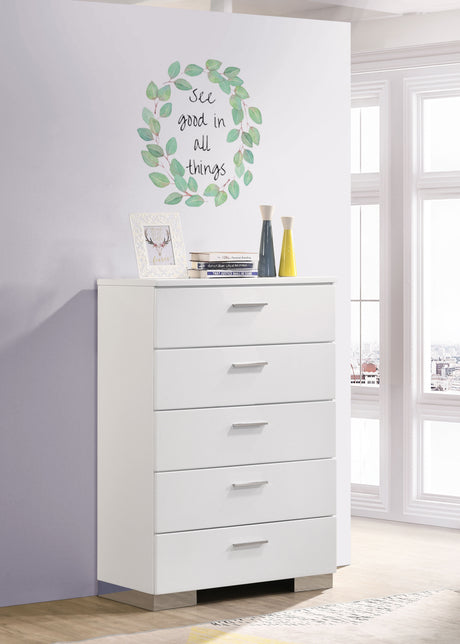 Felicity Bedroom Storage - Dresser, LED Mirror, Chest, Nightstand & Lighted Vanity in White High Gloss - lifestyle