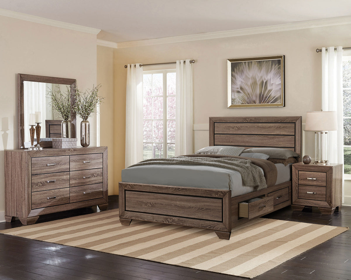 Kauffman Panel or Storage Bed & Bedroom Sets - 4pcs- Eastern King Storage Bed + Nightstand + Dresser + Mirror