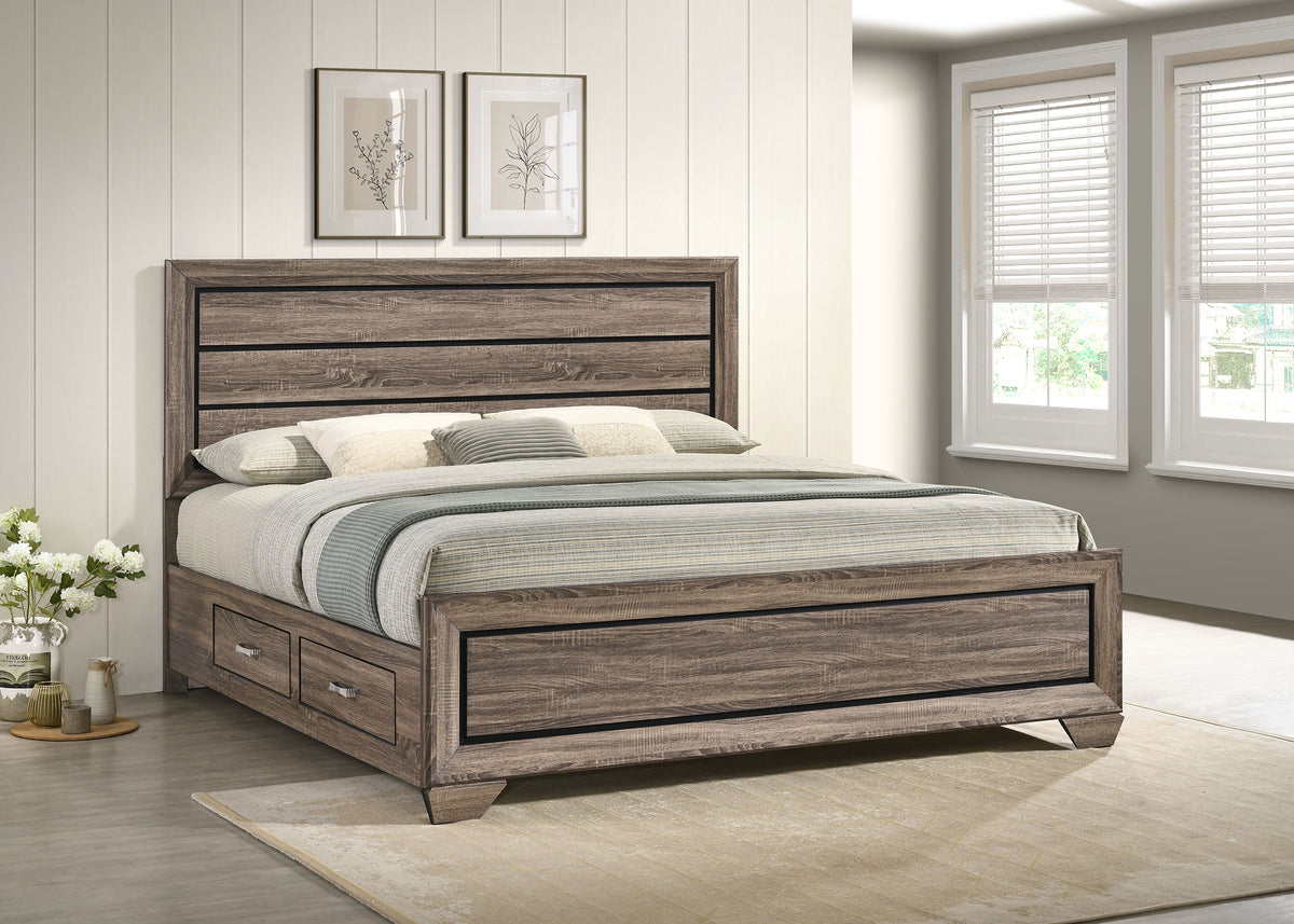 Kauffman Panel or Storage Bed & Bedroom Sets - Transitional Washed Taupe with Black Recessed Grooves - lifestyle