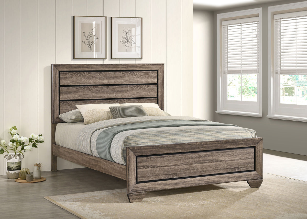 Kauffman Panel or Storage Bed & Bedroom Sets - Transitional Washed Taupe with Black Recessed Grooves - lifestyle