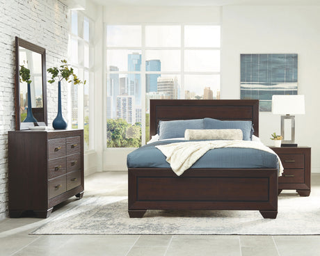 Kauffman Panel or Storage Bed & Bedroom Sets - 4pcs- Eastern King Panel Bed + Nightstand + Dresser + Mirror