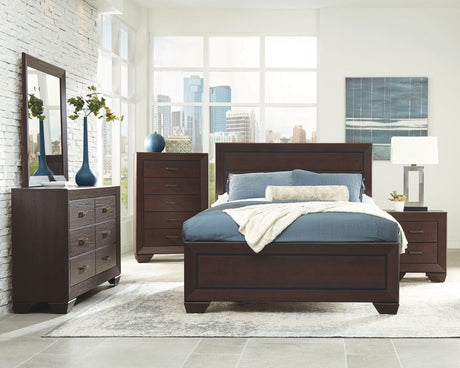 Kauffman Panel or Storage Bed & Bedroom Sets - 5pcs- California King Panel Bed + Nightstand + Dresser + Mirror + Chest