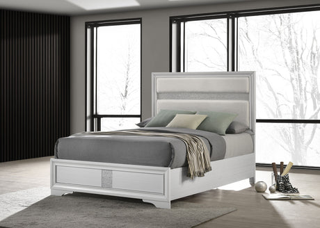 Miranda Upholstered Panel Bed & Bedroom Sets - Glam White with Glitter Stripe Headboard, Twin to California King - lifestyle