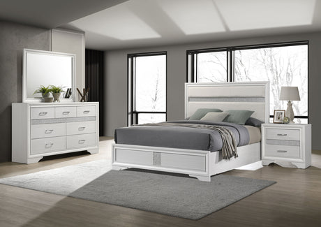 Miranda Upholstered Panel Bed & Bedroom Sets - 4pcs- California King Bed + Nightstand + Dresser + Mirror