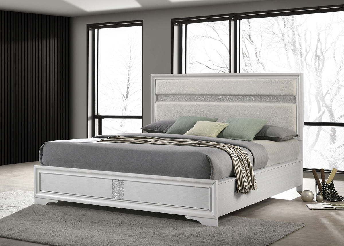 Miranda Upholstered Panel Bed & Bedroom Sets - Glam White with Glitter Stripe Headboard, Twin to California King - lifestyle