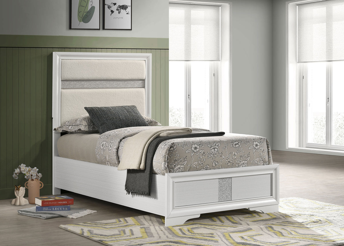 Miranda Upholstered Panel Bed & Bedroom Sets - Glam White with Glitter Stripe Headboard, Twin to California King – view 1