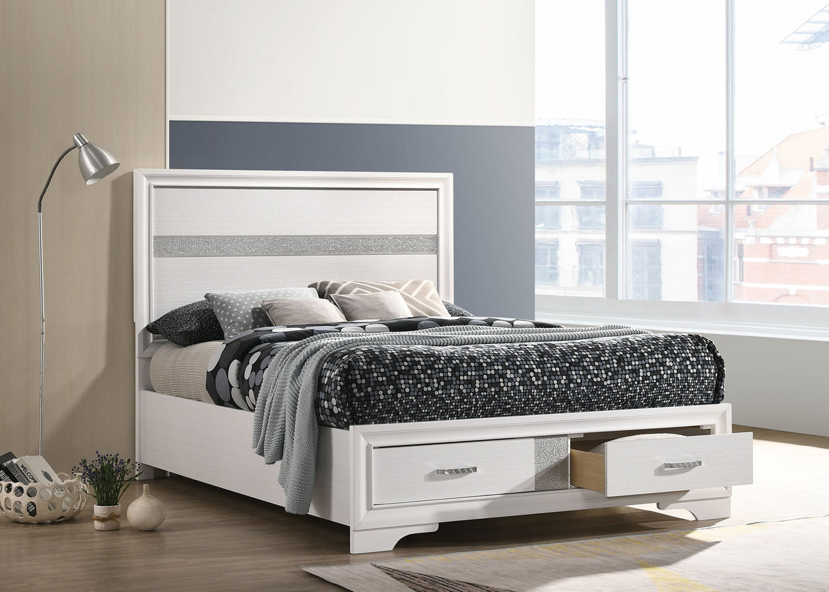 Miranda Storage Bed & Bedroom Sets - Glam White with Glitter Accents & Footboard Drawers, Twin to California King - lifestyle