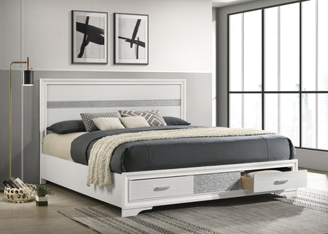 Miranda Storage Bed & Bedroom Sets - Glam White with Glitter Accents & Footboard Drawers, Twin to California King - lifestyle