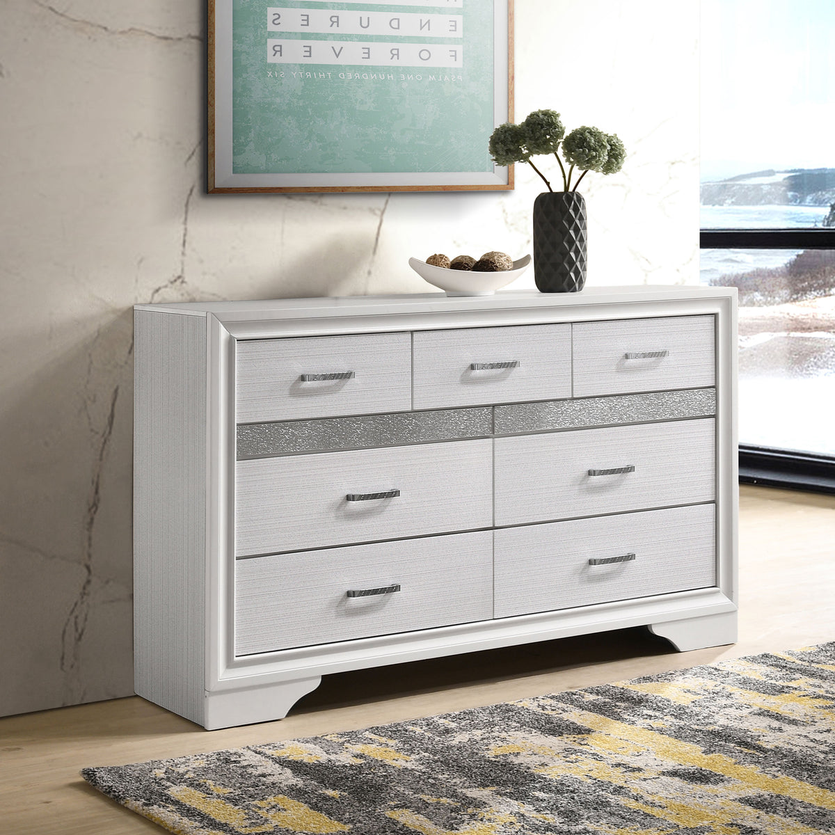 Miranda Storage Bed & Bedroom Sets - Glam White with Glitter Accents & Footboard Drawers, Twin to California King - lifestyle