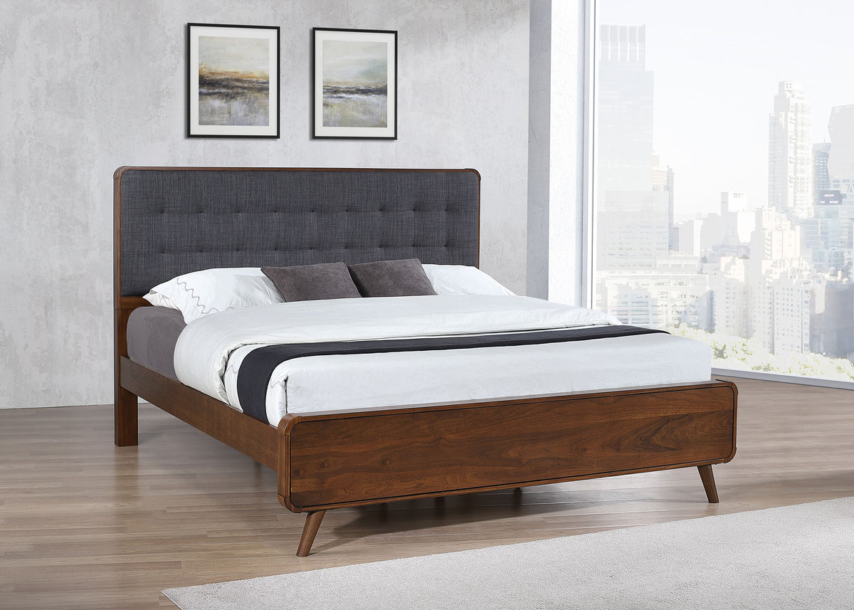 Robyn Mid-Century Platform Bed & Bedroom Sets - Tufted Gray Headboard in Dark Walnut, Twin to California King - lifestyle