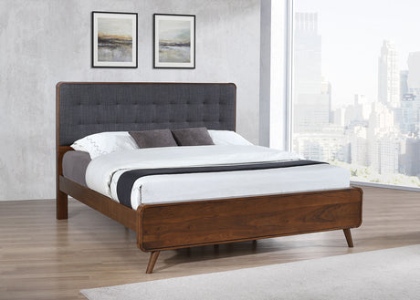 Robyn Mid-Century Platform Bed & Bedroom Sets - Tufted Gray Headboard in Dark Walnut, Twin to California King - lifestyle