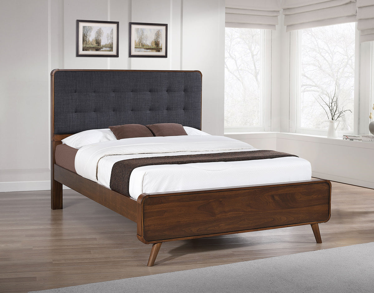 Robyn Mid-Century Platform Bed & Bedroom Sets - Tufted Gray Headboard in Dark Walnut, Twin to California King - lifestyle