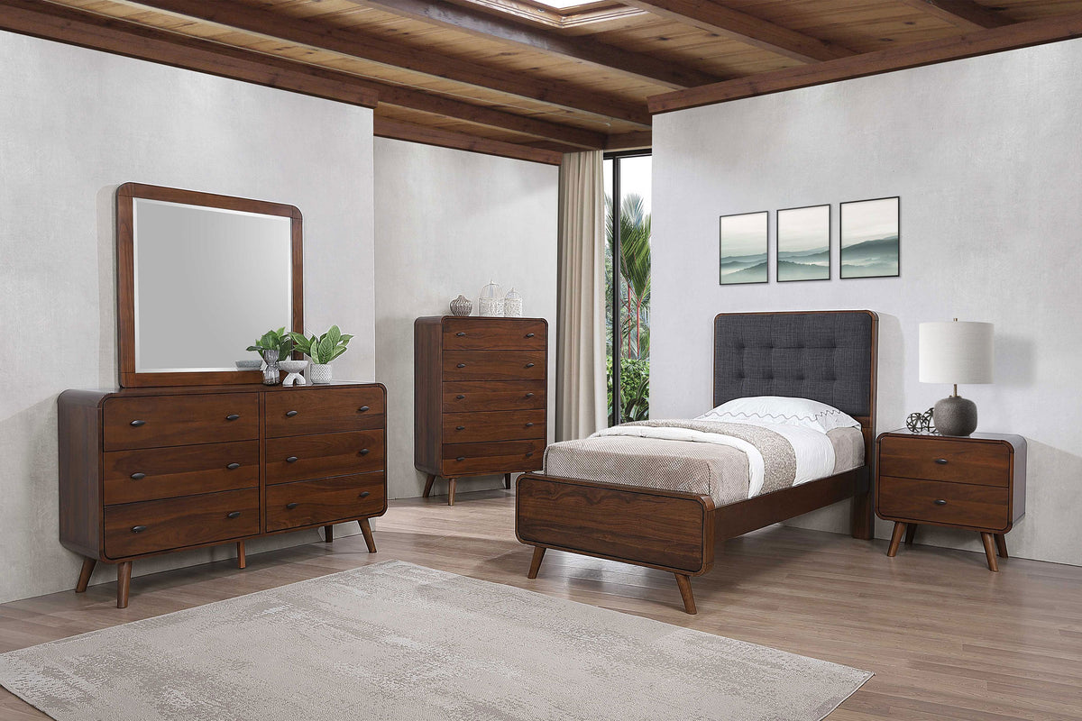 Robyn Mid-Century Platform Bed & Bedroom Sets - Twin - 5pcs- Bed + Nightstand + Dresser + Mirror + Chest