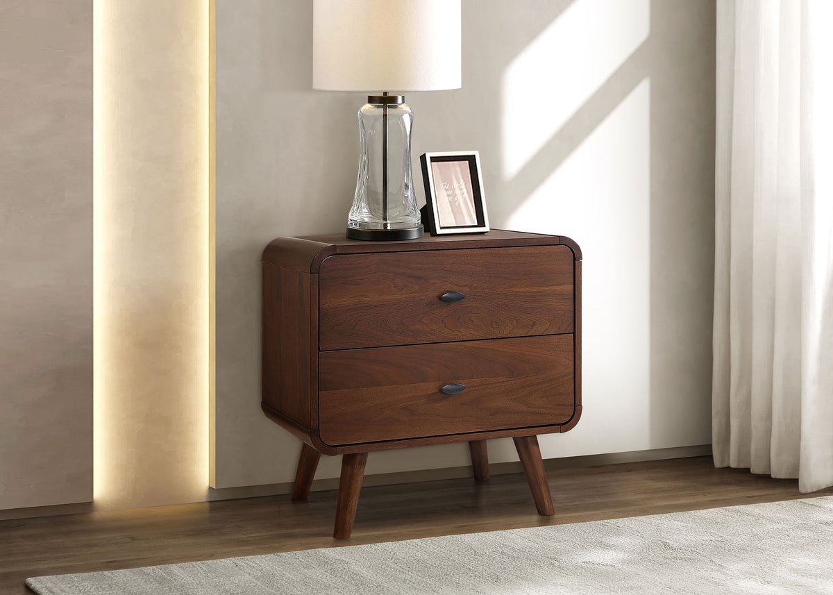 Robyn Mid-Century Platform Bed & Bedroom Sets - Tufted Gray Headboard in Dark Walnut, Twin to California King - lifestyle
