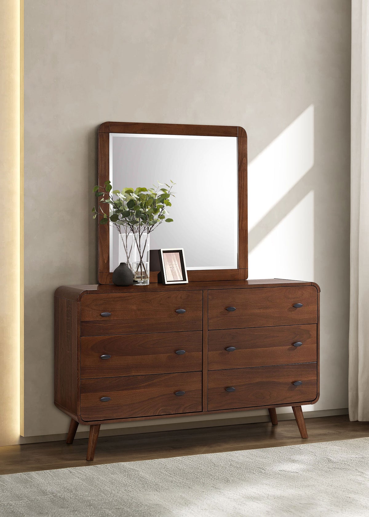 Robyn Mid-Century Platform Bed & Bedroom Sets - Tufted Gray Headboard in Dark Walnut, Twin to California King - lifestyle
