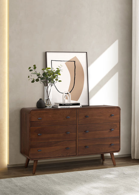 Robyn Mid-Century Platform Bed & Bedroom Sets - Tufted Gray Headboard in Dark Walnut, Twin to California King - lifestyle