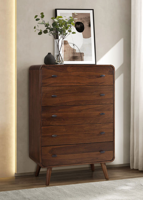 Robyn Mid-Century Platform Bed & Bedroom Sets - Tufted Gray Headboard in Dark Walnut, Twin to California King - lifestyle