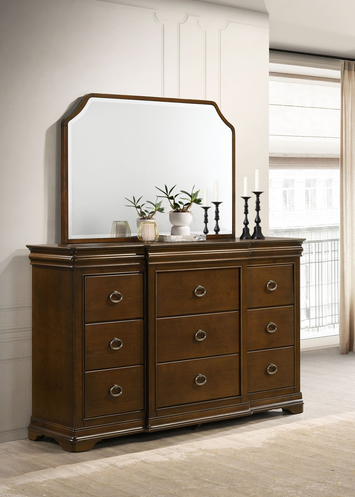 Garland Louis Philippe Panel Bed & Bedroom Sets - Cream Upholstered Headboard in Brown Cherry, Queen or Eastern King - lifestyle