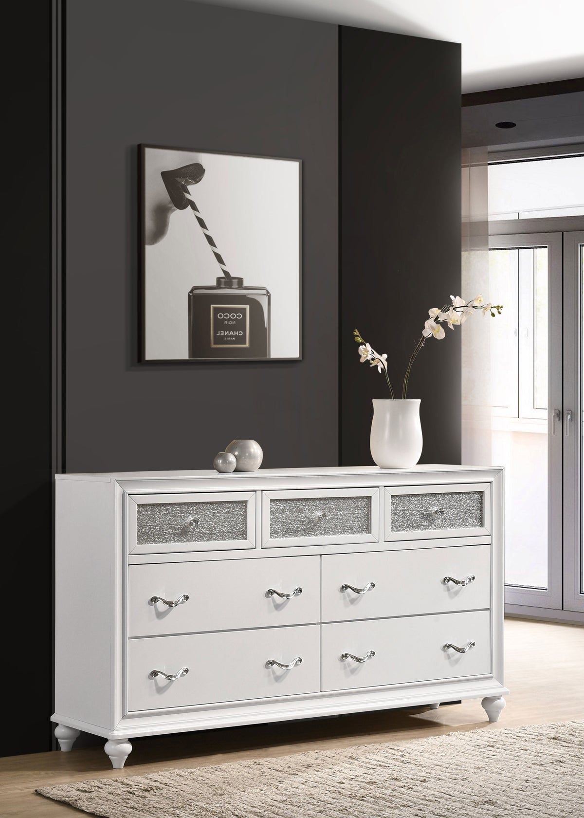 Barzini Panel Bed & Bedroom Sets - Glam White with Metallic Channel Tufting & Crystal Hardware - lifestyle