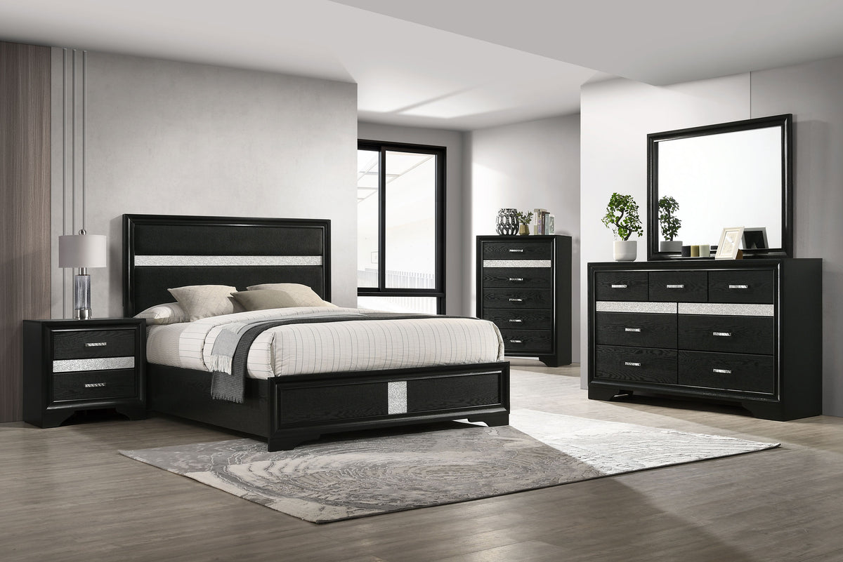 Miranda Upholstered Panel Bed & Bedroom Sets - 5pcs- Queen Bed + Dresser + Mirror + Nightstand + Chest