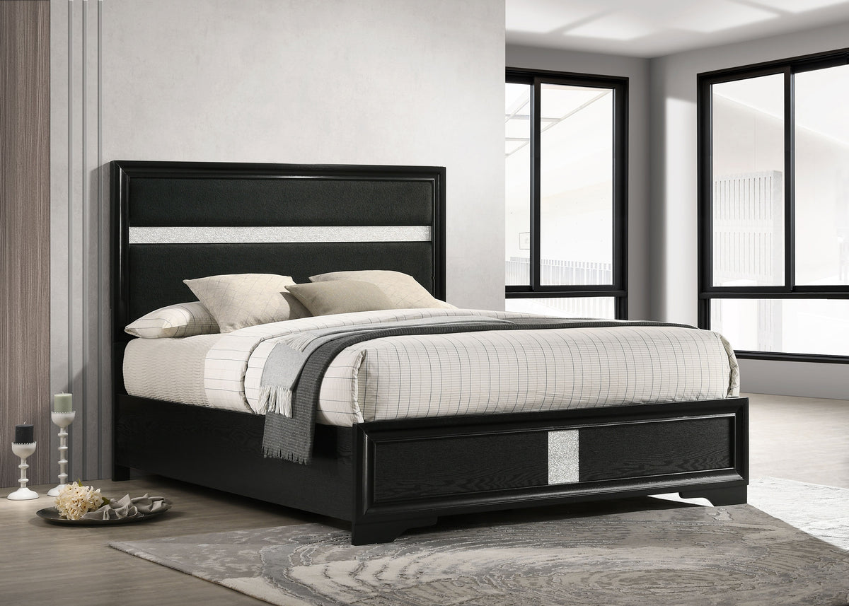 Miranda Upholstered Panel Bed & Bedroom Sets - Glam Black with Glitter Stripe Headboard, Twin to California King - lifestyle
