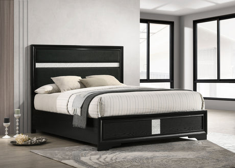 Miranda Upholstered Panel Bed & Bedroom Sets - Glam Black with Glitter Stripe Headboard, Twin to California King - lifestyle