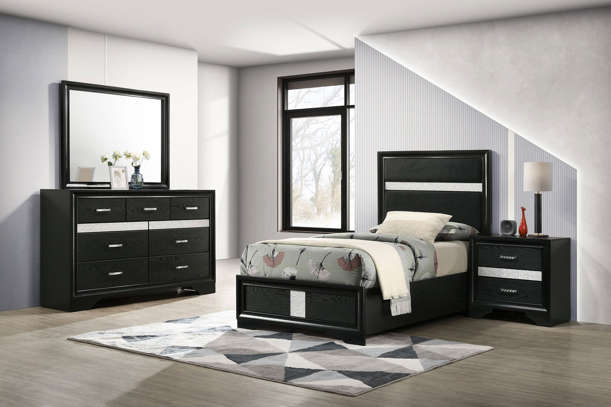 Miranda Upholstered Panel Bed & Bedroom Sets - 4pcs- Twin Bed + Dresser + Mirror + Nightstand